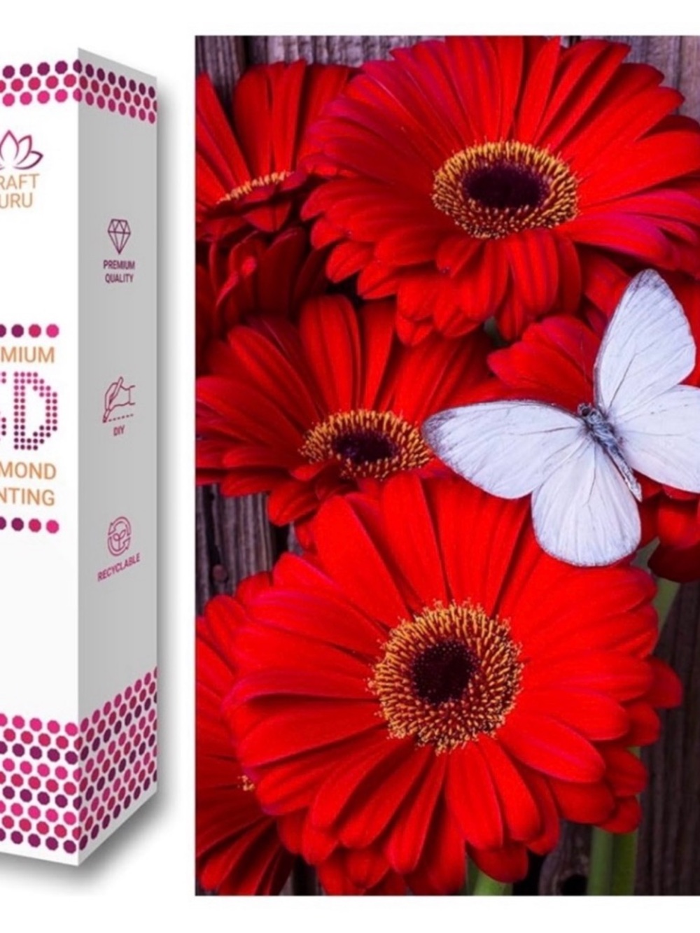 Craft Guru Premium 5D Diamond Painting Red daisies with butterfly.  New sealed